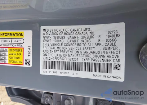 2023 Honda Civic Sport из США, поврежденный, VIN 2HGFE2F52PH524204